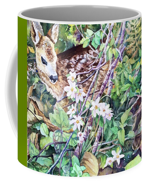 Watercolor Coffee Mug featuring the painting Fawn in The Garden by Francoise Chauray