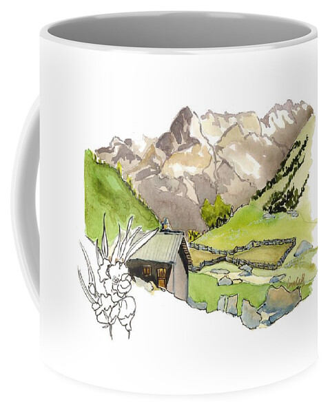  France Mountain Landscape Pastoral French Alps  Alpine Anemones Coffee Mug featuring the painting High Pastures,  Col de la Cayolle by Joan Cordell