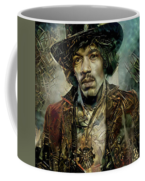 Jimi Hendrix Coffee Mug featuring the mixed media Jimi Hendrix Steampunk style by Lilia D