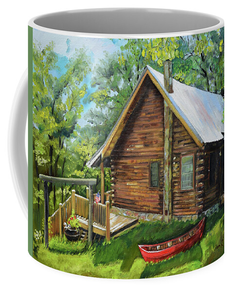 Log Cabin Coffee Mug featuring the painting Joe's Cabin and Red Canoe - Ellijay - North Ga Mtns by Jan Dappen