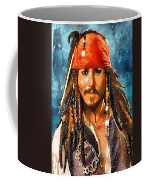 Portrait Coffee Mug featuring the digital art Johnny Depp as Jack Sparrow by Charmaine Zoe