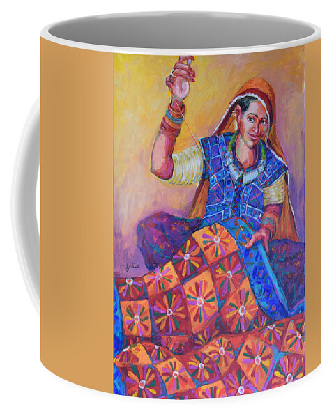 Tribal Woman Coffee Mug featuring the painting Joy of Quilting by Jyotika Shroff