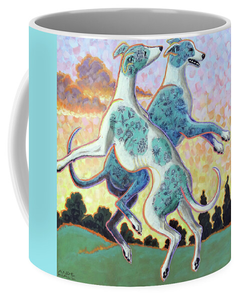 Greyhounds Coffee Mug featuring the painting JUmping for Joy by Ande Hall