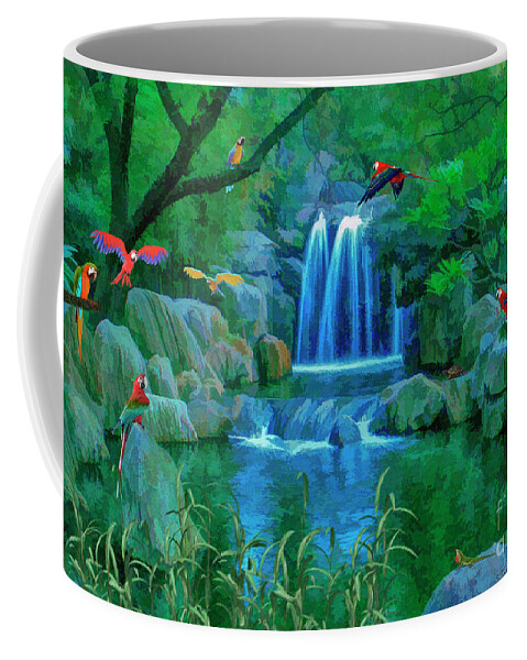 Parrot Coffee Mug featuring the digital art Jungle Water Falls and Parrots by Walter Colvin