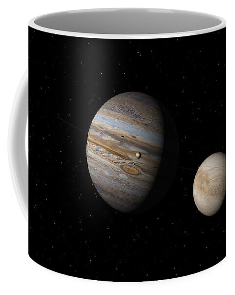 Spaceship Coffee Mug featuring the digital art Jupiter with IO and Europa by David Robinson