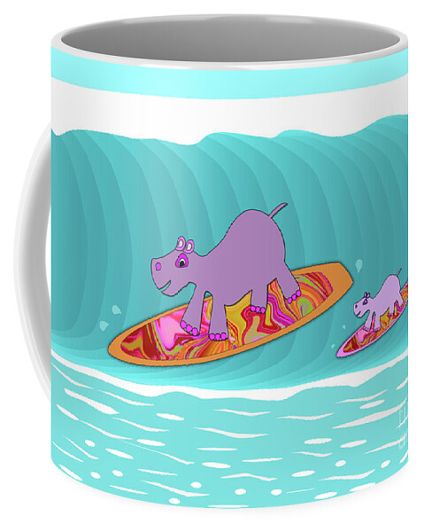 Hippo Coffee Mug featuring the digital art Hippos Surfing - Family Day Out by Barefoot Bodeez Art