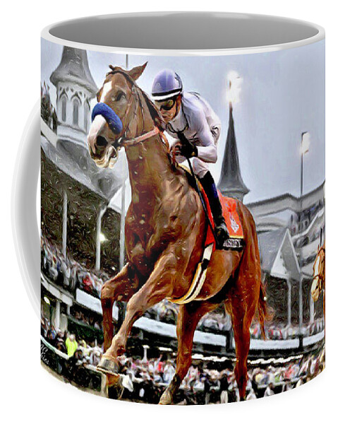 Justify Coffee Mug featuring the digital art Justify Wins Kentucky Derby by CAC Graphics