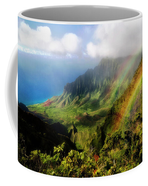 Lifeguard Coffee Mug featuring the photograph Kalalau Valley Double Rainbows Kauai, Hawaii by Lawrence Knutsson