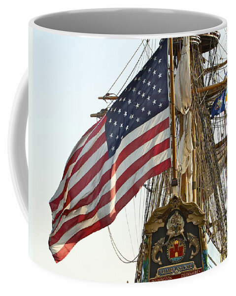 Kalmar Nyckel American Flag Tall Ship Wilmington Delaware Penns Landing Philadelphia Coffee Mug featuring the photograph Kalmar Nyckel American Flag by Alice Gipson