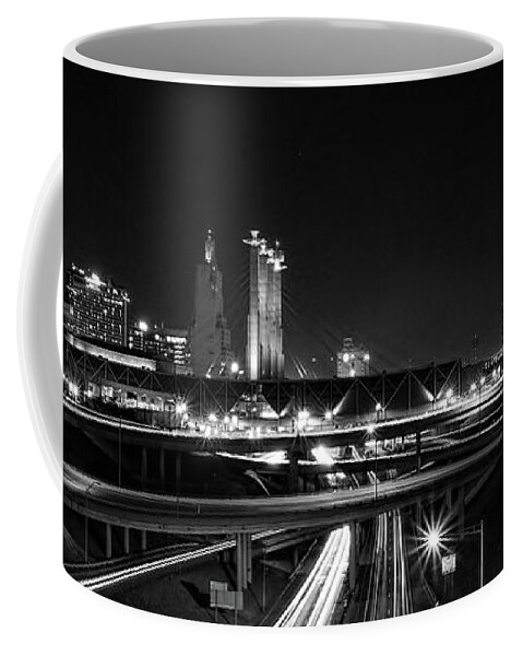 Kansas City Coffee Mug featuring the photograph Kansas City Skyline at Night in Black and White by Alan Hutchins