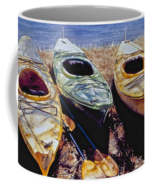 Landscape Coffee Mug featuring the painting Kayaks by Barbara Pease