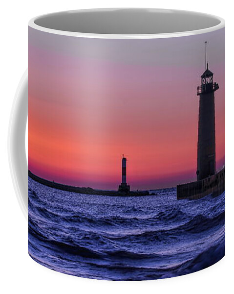 Lighthouse Coffee Mug featuring the photograph Kenosha Lighthouse Blue Waves by Dale Kauzlaric
