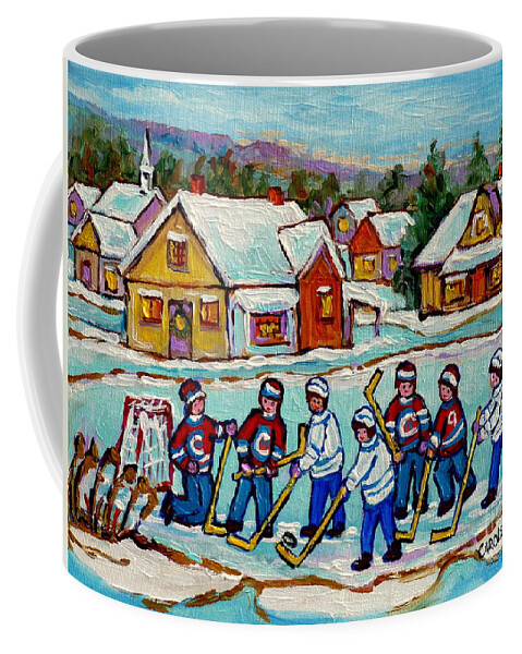 Hockey Coffee Mug featuring the painting Kids Playing Hockey On Frozen Pond Cozy Country Village Scene Canadian Landscape Painting C Spandau by Carole Spandau