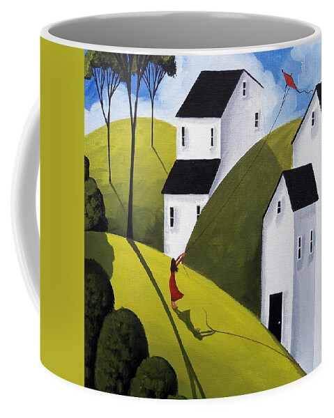 Art Coffee Mug featuring the painting Kite Day - folk art landscape by Debbie Criswell