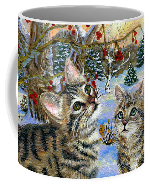 Cat Coffee Mug featuring the painting Kitten's Winter Fun by Jacquelin L Vanderwood Westerman