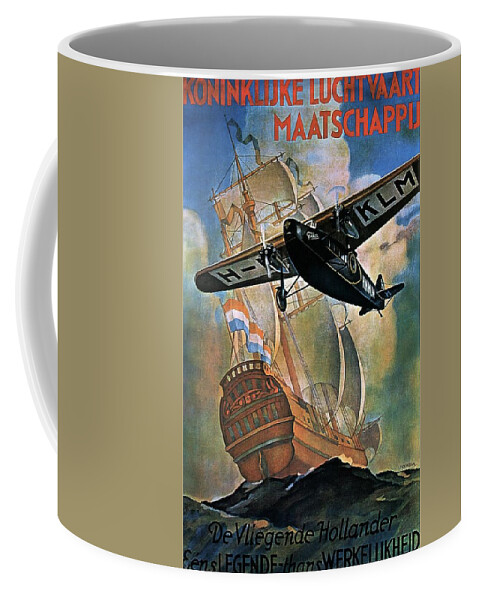 Klm Coffee Mug featuring the painting KLM - Royal Dutch Airlines Aircraft flying over a sailing ship - Vintage Advertising Poster by Studio Grafiikka