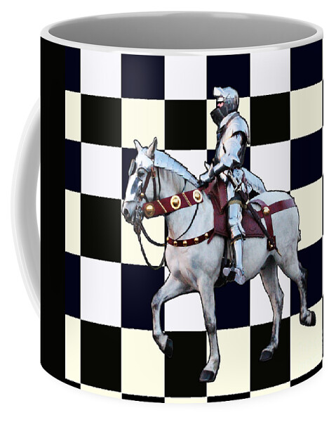 Knight Coffee Mug featuring the photograph Knight on white horse with Chess board by Tom Conway