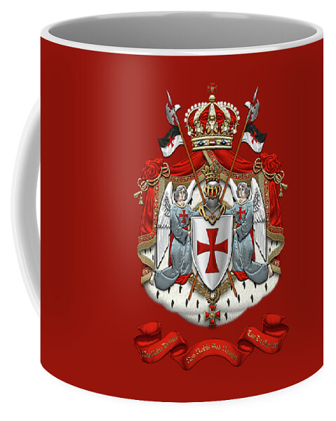 'ancient Brotherhoods' Collection By Serge Averbukh Coffee Mug featuring the digital art Knights Templar - Coat of Arms over Red Velvet by Serge Averbukh