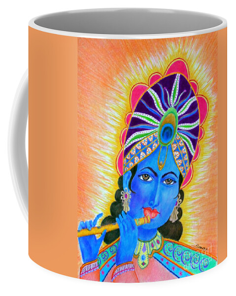 Krishna Coffee Mug featuring the drawing Krishna -- Colorful Portrait of Hindu God by Jayne Somogy