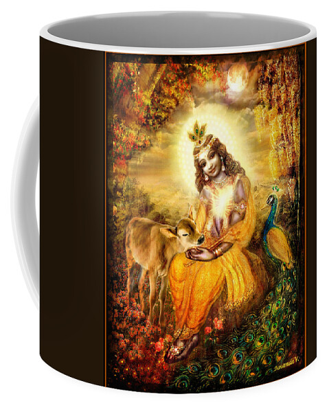 Krishna Coffee Mug featuring the painting Krishna with the Calf by Ananda Vdovic