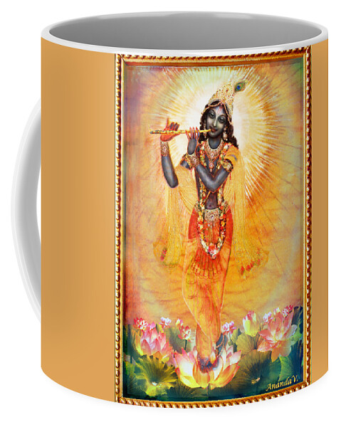 Krishna Coffee Mug featuring the mixed media Krishna with the Flute by Ananda Vdovic