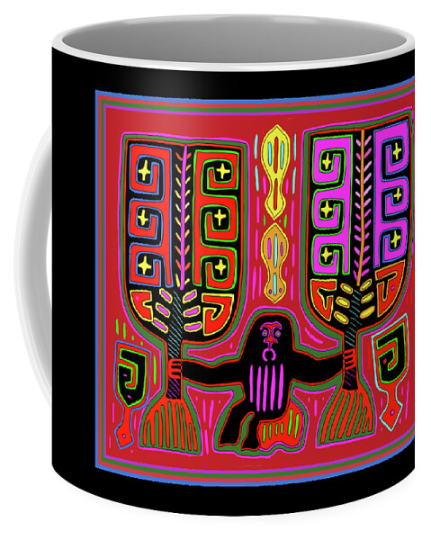 San Blas Kuna Indian Coffee Mug featuring the digital art Kuna Indian Mola Man with Fans by Vagabond Folk Art - Virginia Vivier