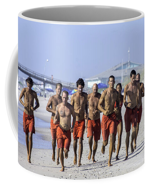  Life Guard Coffee Mug featuring the photograph Kure Beach Life guards on the run by WAZgriffin Digital