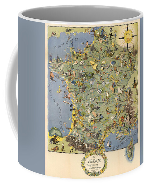 France Map Coffee Mug featuring the mixed media La France Touristique et Gastronomique - Pictorial Illustrated Map of France -Cartography by Studio Grafiikka