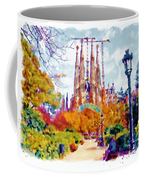Marian Voicu Coffee Mug featuring the painting La Sagrada Familia - Park View by Marian Voicu