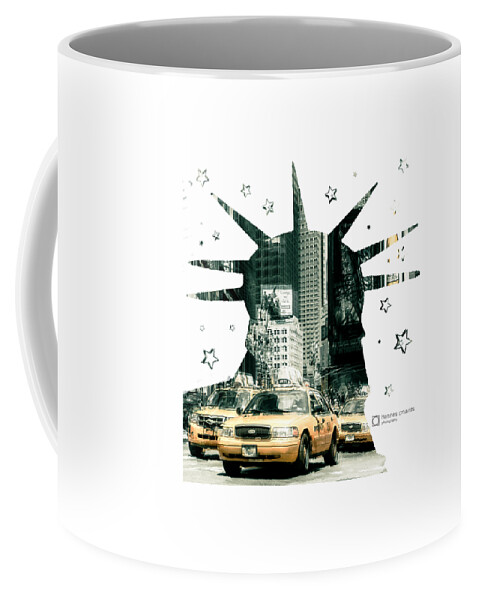 Graphical Coffee Mug featuring the photograph Lady Liberty And The Yellow Cabs by Hannes Cmarits