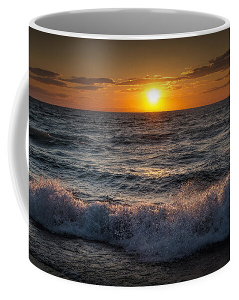 Sea Coffee Mug featuring the photograph Lake Michigan Sunset with crashing shore waves by Randall Nyhof