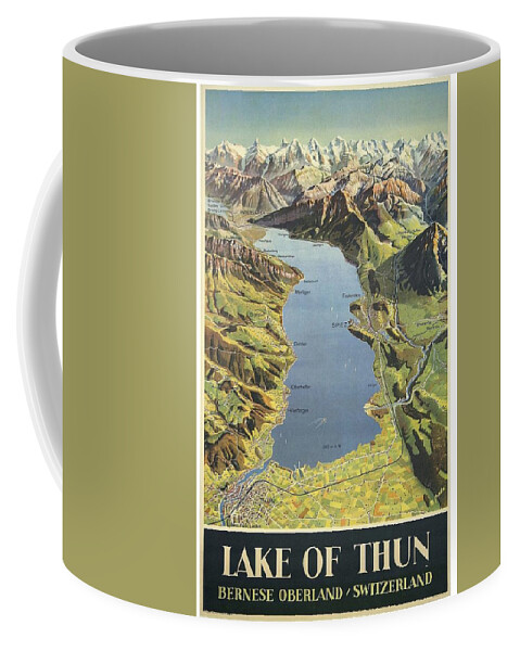 Lake Of Thun Coffee Mug featuring the painting Lake of Thun, Switzerland - Vintage Travel Poster - Landscape Illustration by Studio Grafiikka
