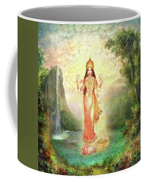 Devi Coffee Mug featuring the mixed media Lakshmi with the Waterfall 2 by Ananda Vdovic