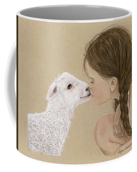 Pastel Coffee Mug featuring the drawing Lamb and Girl by Twyla Francois