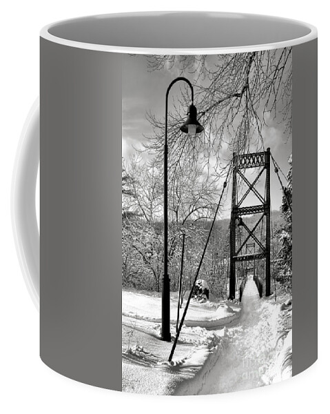 Androscoggin Coffee Mug featuring the photograph Lamppost and Androscoggin Swinging Bridge in Winter by Olivier Le Queinec