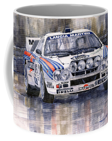 Watercolor Coffee Mug featuring the painting Lancia 037 Martini Rally 1983 by Yuriy Shevchuk