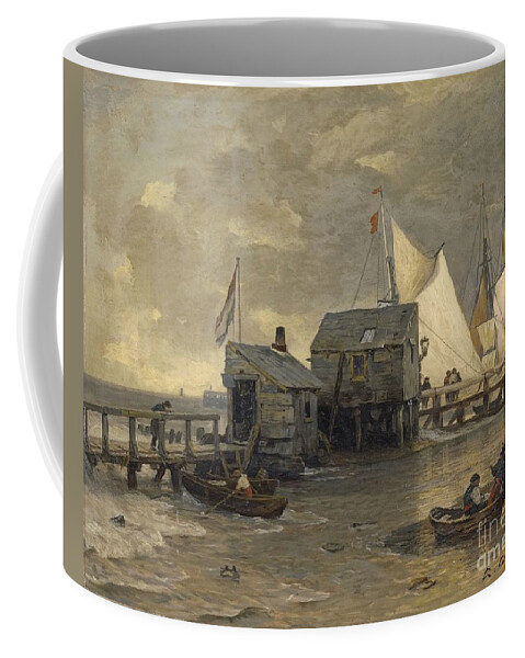 Andreas Achenbach Coffee Mug featuring the painting Landing Stage With Sailing Ships by MotionAge Designs