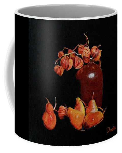 Chinese Lanterns Coffee Mug featuring the painting Lanterns and Pears by Susan Duda