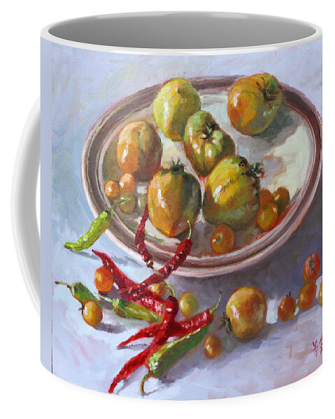 Last Tomatoes From My Garden Coffee Mug featuring the painting Last Tomatoes from my Garden by Ylli Haruni