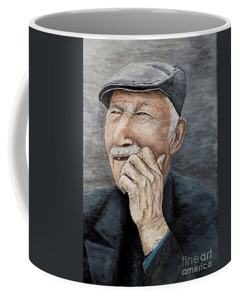 Old Man Coffee Mug featuring the painting Laughing Old Man by Judy Kirouac
