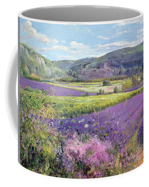Field; South Of France; French Landscape; Hills; Hill; Landscape; Flower; Flowers Coffee Mug featuring the painting Lavender Fields in Old Provence by Timothy Easton