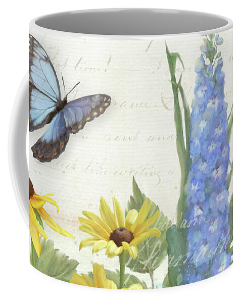 Le Petit Jardin Coffee Mug featuring the painting Le Petit Jardin 1 - Garden Floral w Butterflies, Dragonflies, Daisies and Delphinium by Audrey Jeanne Roberts