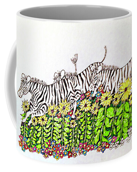 Drawing Coffee Mug featuring the drawing Leaping Zebras by Gerry Delongchamp