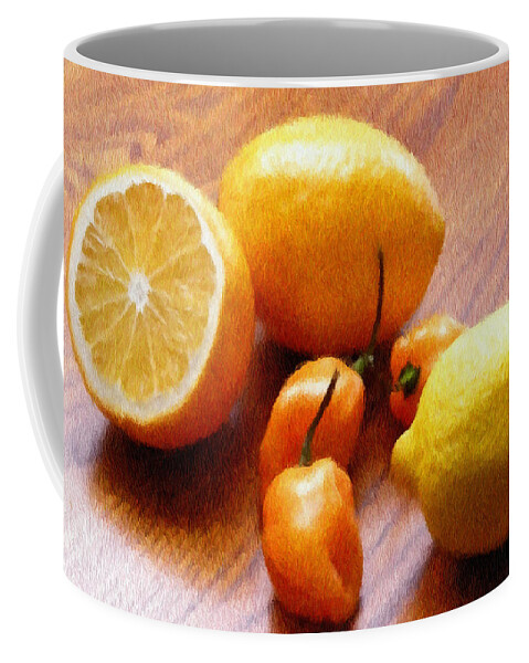 Food Coffee Mug featuring the painting Lemons and Peppers by Jeffrey Kolker