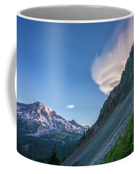 Mount Rainier Coffee Mug featuring the photograph Lenticular Cloud Peeking Around Pinnacle Peak by Mike Reid