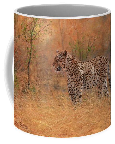 Leopard Coffee Mug featuring the painting Leopard in African Bush by David Stribbling