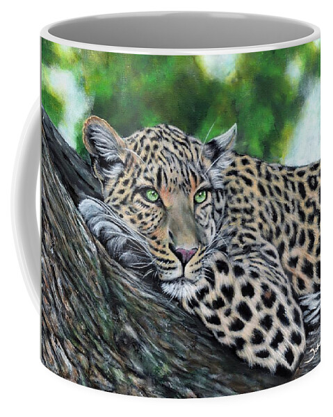 Leopard Coffee Mug featuring the painting Leopard on Branch by John Neeve