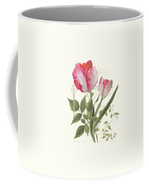 Parrot Tulip Coffee Mug featuring the painting Les Magnifiques Fleurs I - Magnificent Garden Flowers Parrot Tulips n Indigo Bunting Songbird by Audrey Jeanne Roberts