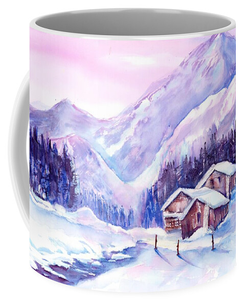 Swiss Mountains Watercolor Coffee Mug featuring the painting Swiss Mountain cabins in snow by Sabina Von Arx