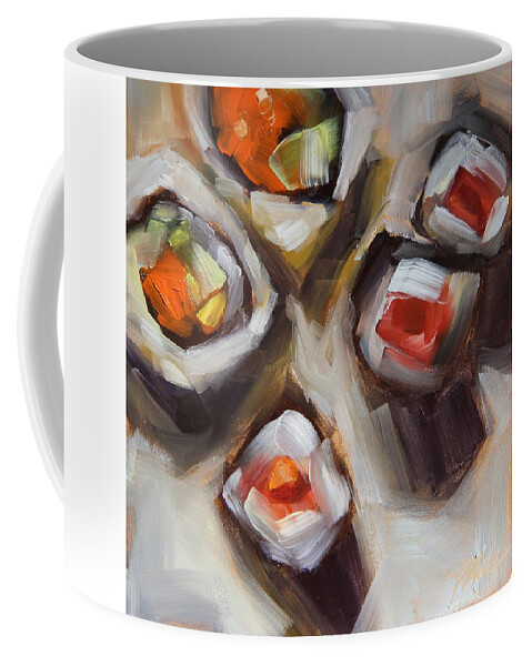 Face Masks Coffee Mug featuring the painting Let's Do Sushi by Tracy Male